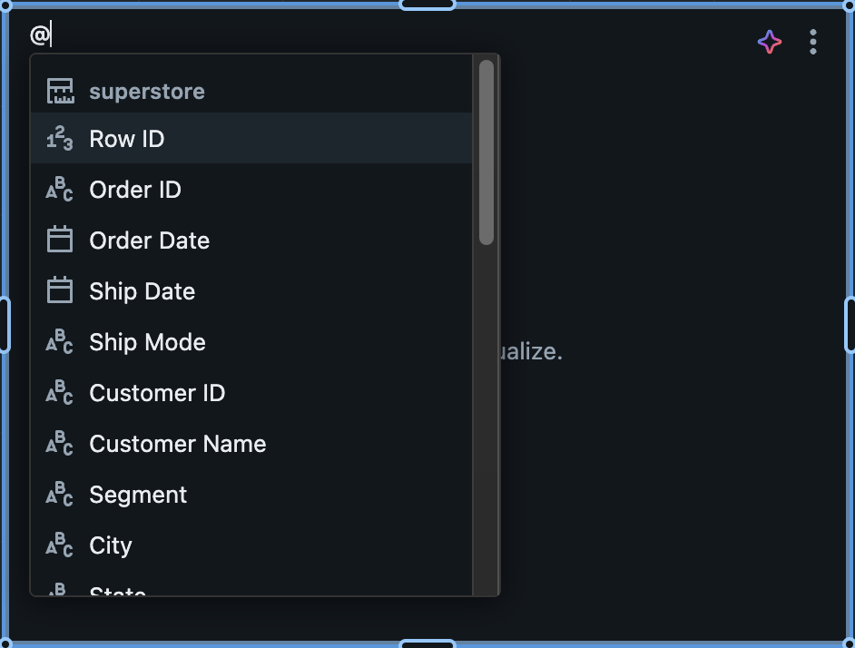 The @ typeahead open in a widget title, listing a dataset and its fields with data-type icons