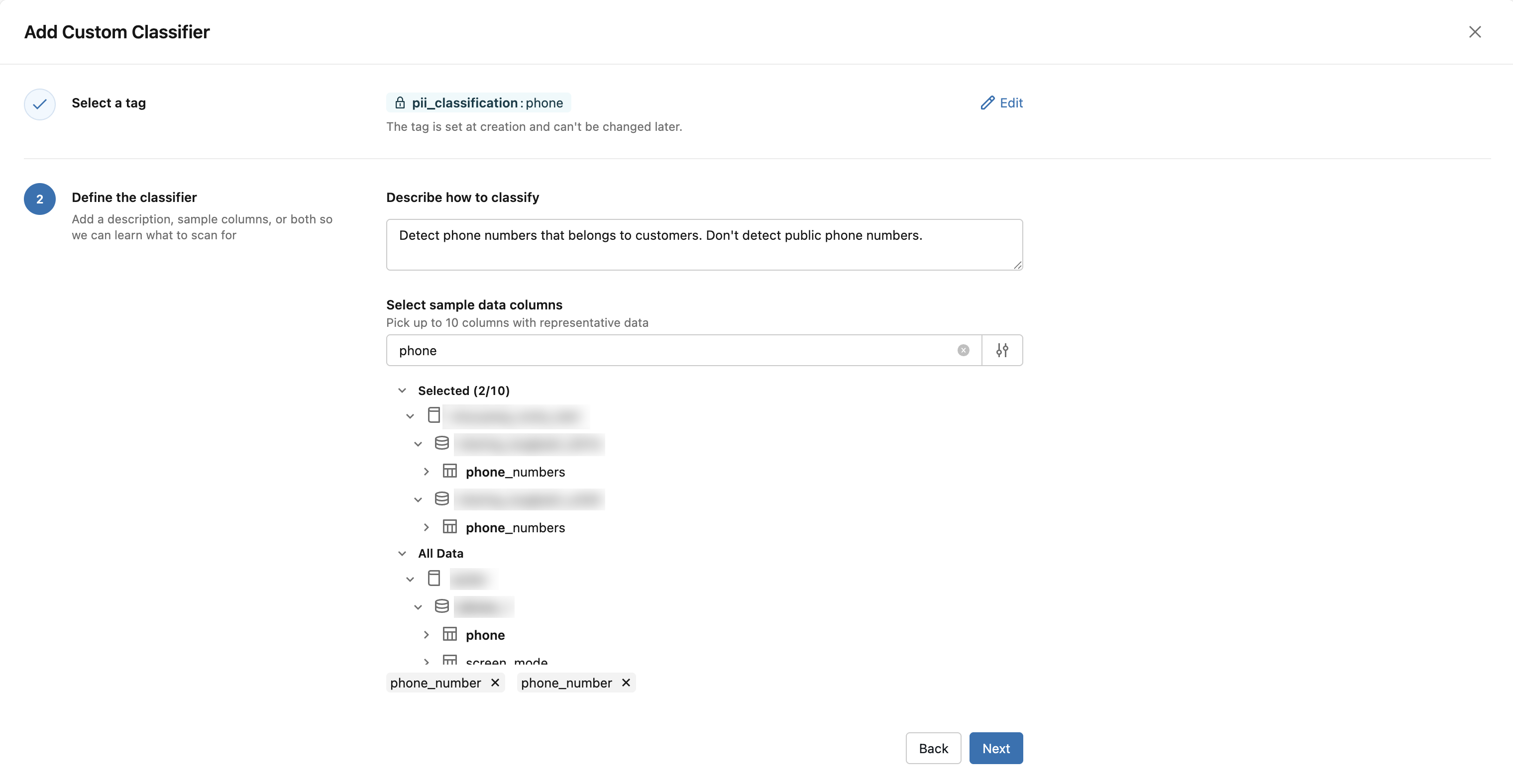 The Define the classifier step of the Add custom classifier wizard, showing the Describe how to classify text field above the Select sample data columns catalog browser with two columns selected.