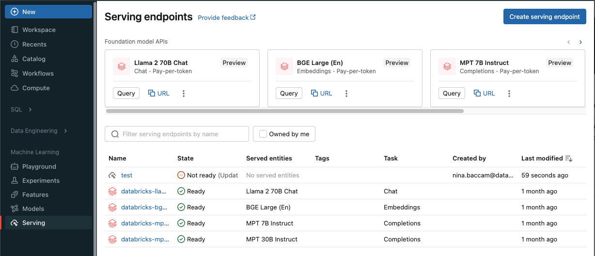 Model serving pane in Databricks UI