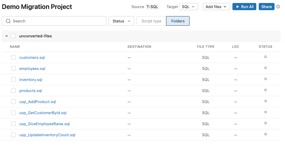 Migration project canvas showing added source files with their file type, line count, and conversion status.