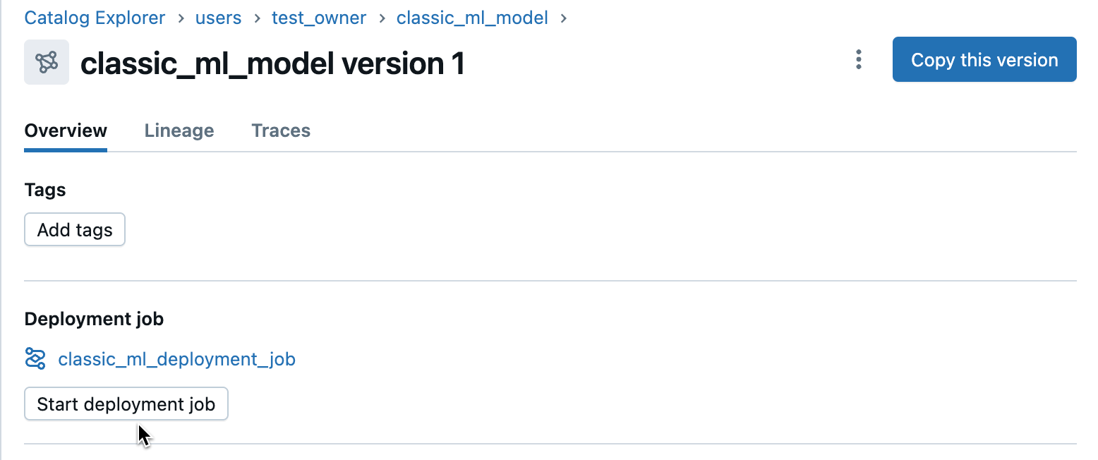 Start deployment job from the model version page.