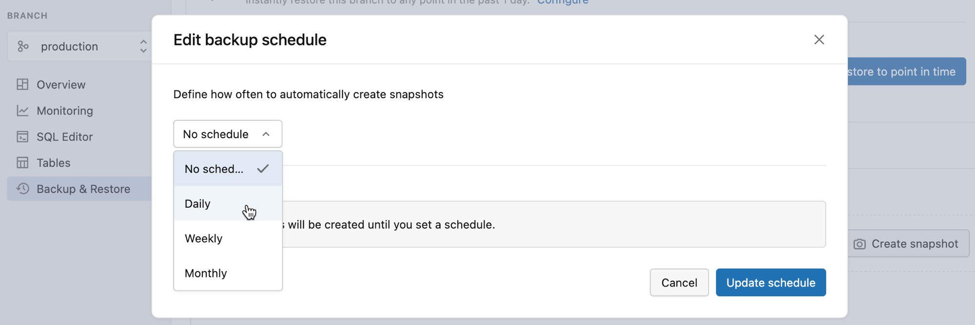 Backup schedule frequency options
