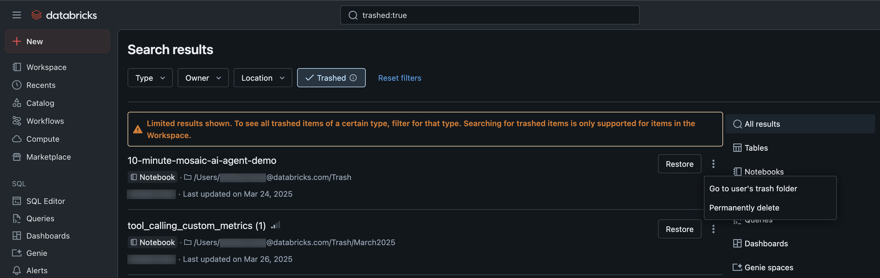 Search user trash folders