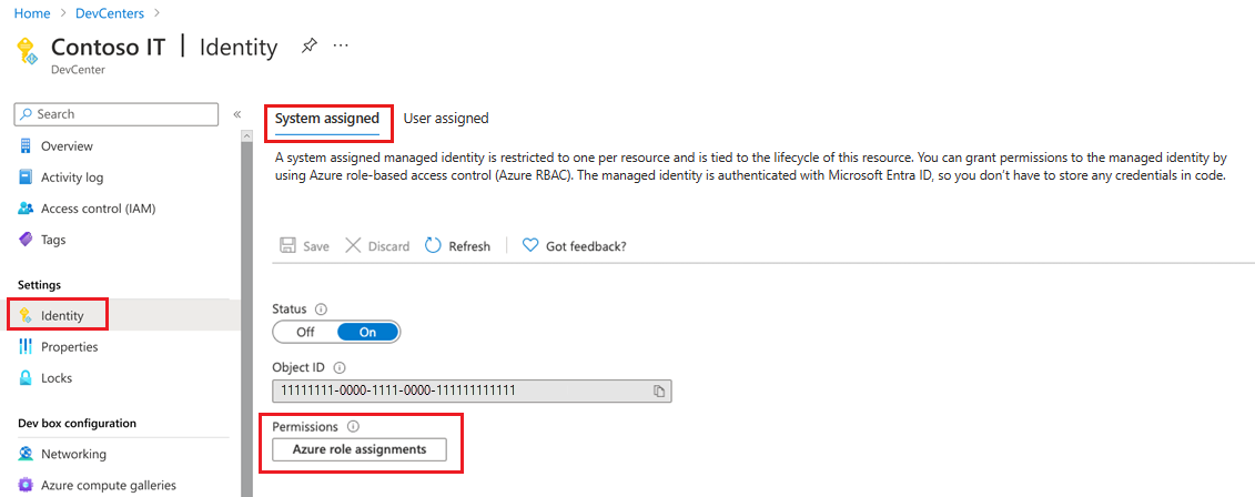 Screenshot that shows the Azure role assignment for system-assigned identity.