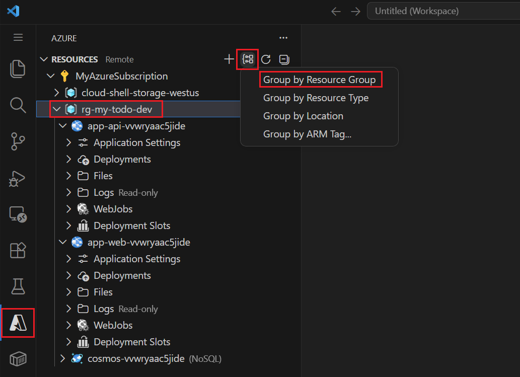 Screenshot of VS Code Azure view showing resources grouped by resource group with the Group By menu open.