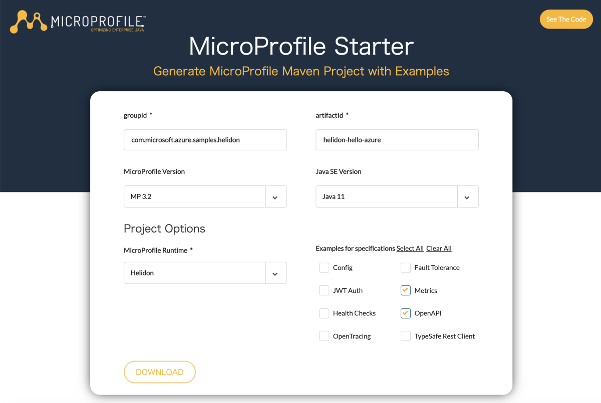 Screenshot showing MicroProfile Starter with Helidon runtime selected.