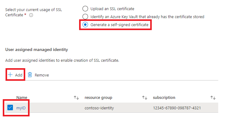 Azure portal screenshot showing fields for generating a self-signed certificate.