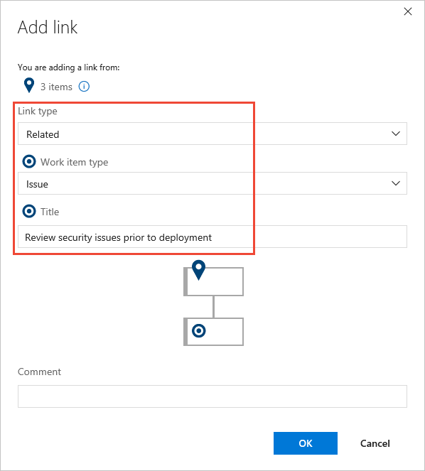 Screenshot of Add link dialog, Link to new work item.