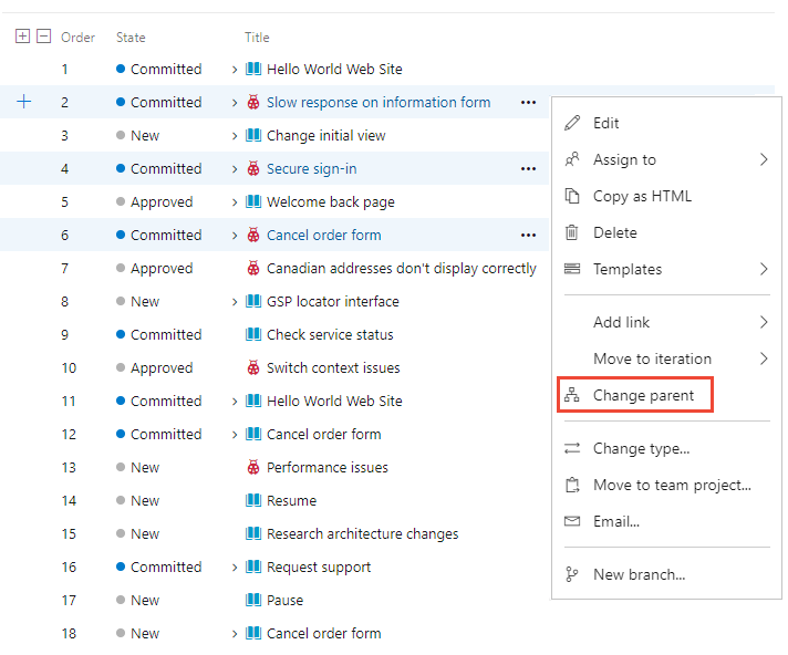 Screenshot of Change parent menu option of several backlog items, cloud version