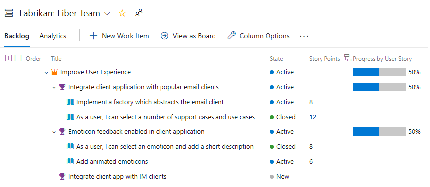 Screenshot of example portfolio backlog with progress bars.