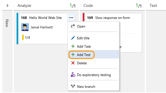 Screenshot showing Open context menu of a backlog item to add inline test case.