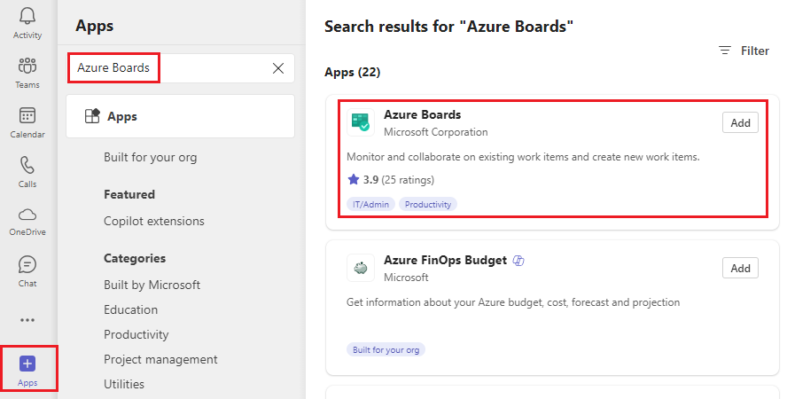 Screenshot of selecting Apps, then Azure Boards.