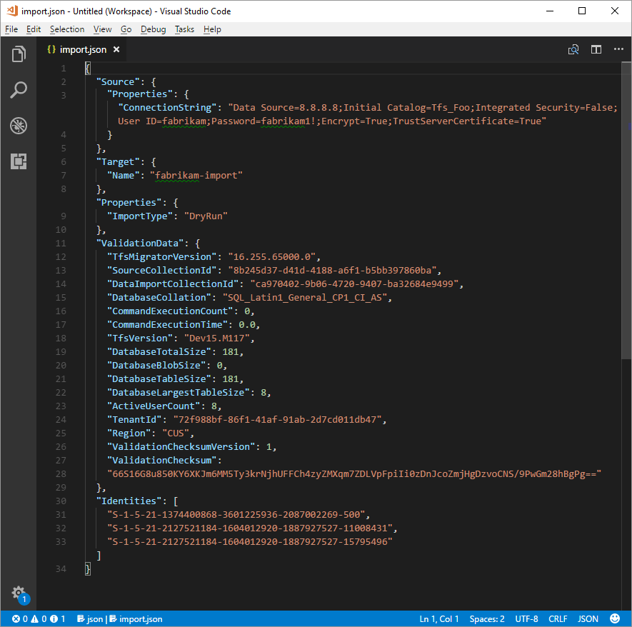 Screenshot of the migration specification referencing a SQL Azure VM.