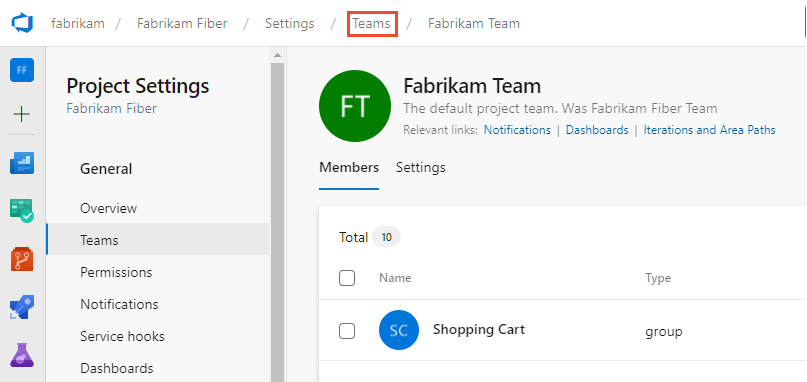 Screenshot of Project Settings>Teams>Team and Teams breadcrumb.