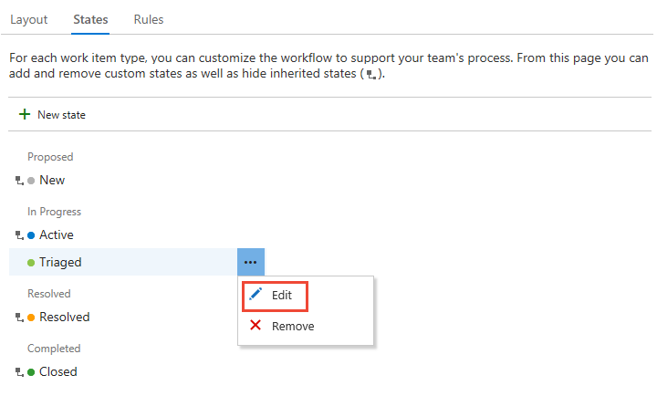 Screenshot of a Bug form with a state selected and the context menu open to Edit.