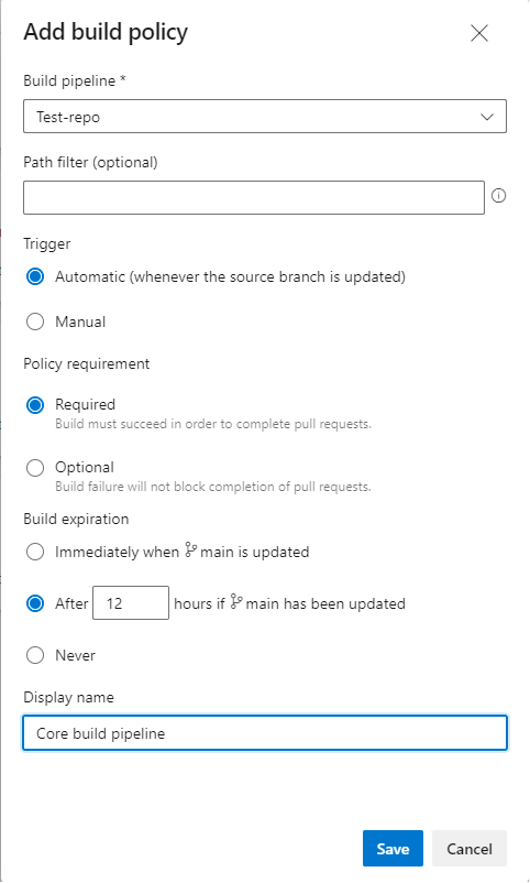 Screenshot of Build policy settings.