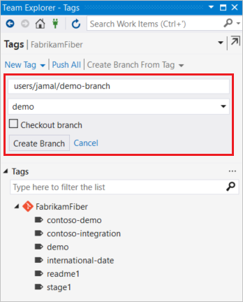 Screenshot of create branch from tag dialog in Visual Studio.