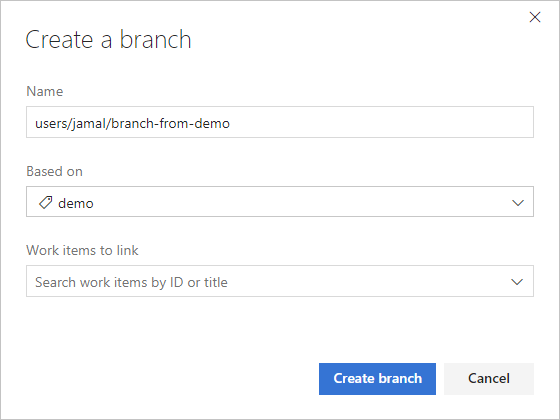 Screenshot of create branch from tag dialog in the web portal.