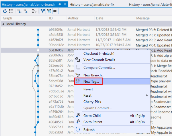 Screenshot of create tag from history view in Visual Studio.