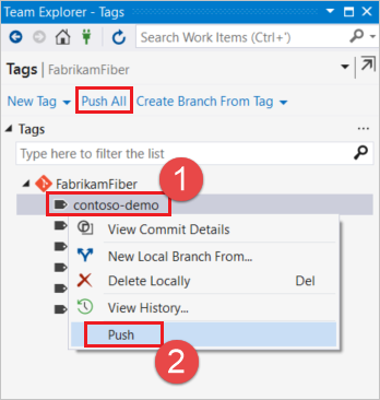 Screenshot of push new tag in Visual Studio.
