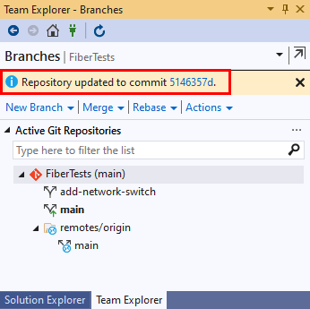 Screenshot of the merge confirmation message in the Branches view of Team Explorer in Visual Studio 2019.