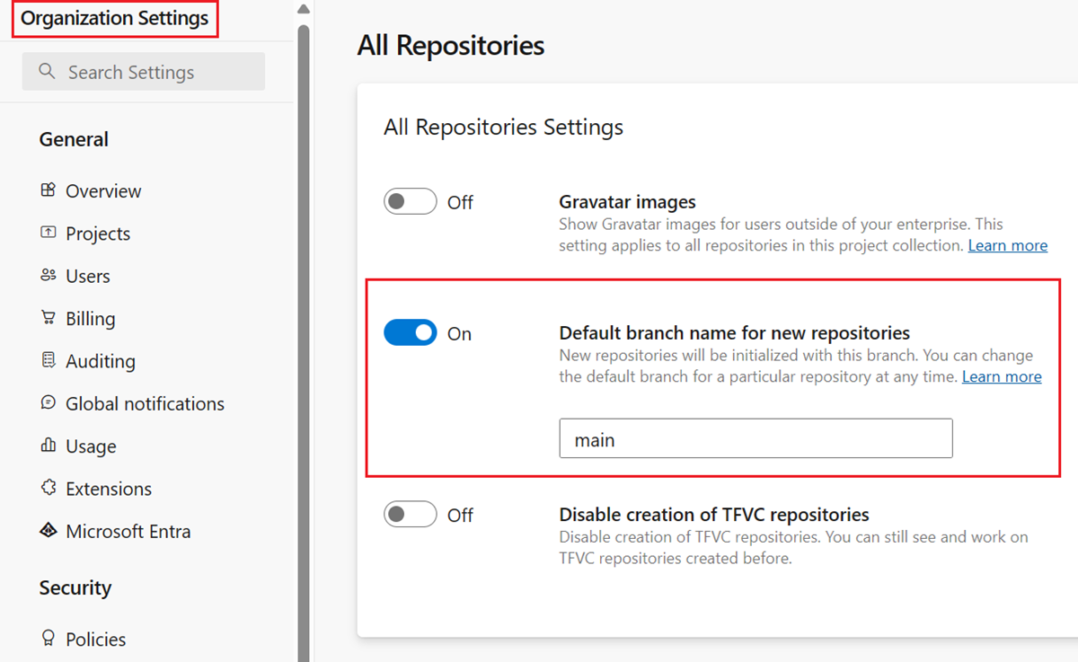 Screenshot that shows the organization-level setting for Default branch name for new repositories.