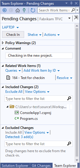 Screenshot shows Pending Changes pane with a comment and Check In button.