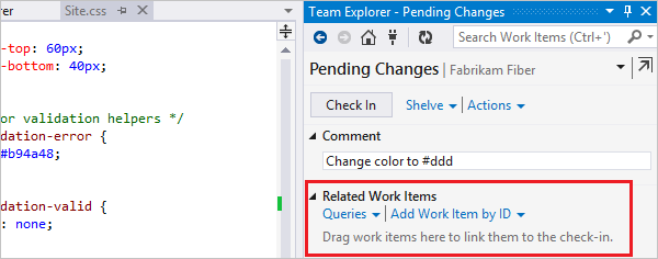 Screenshot shows Related Work Items in pending changes.