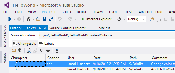 Screenshot that shows the History window with changesets.