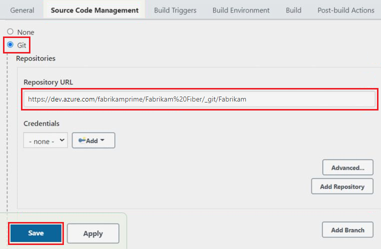 Source code management settings with Git selected