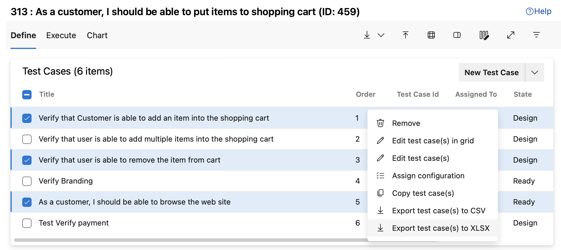 Screenshot of selected test cases, export test cases to CSV.