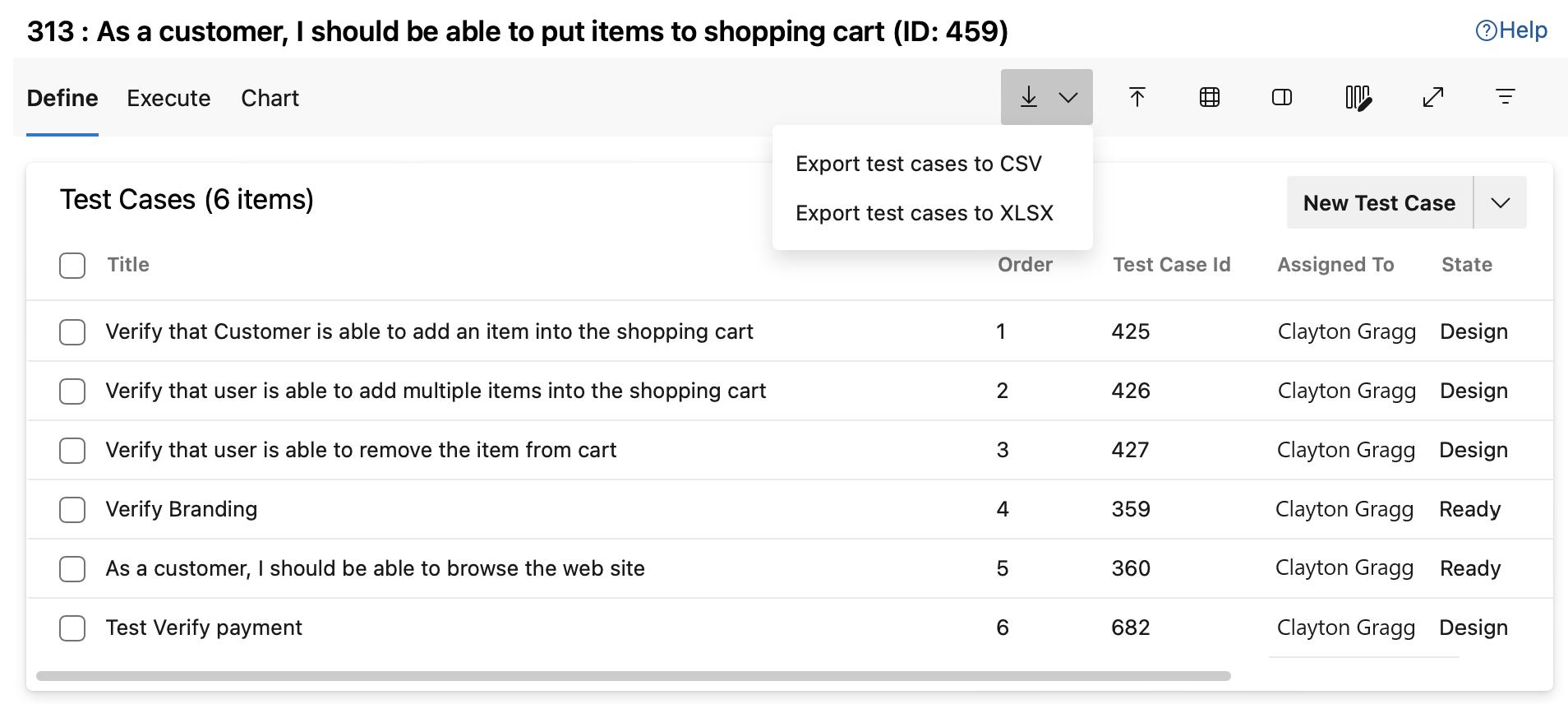 Screenshot of Export test cases from the selected test suite.