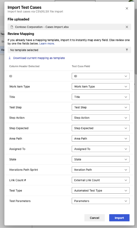 Screenshot of the import wizard showing field mapping interface.