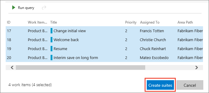 Screenshot showing adding requirement-based suites for your backlog items.
