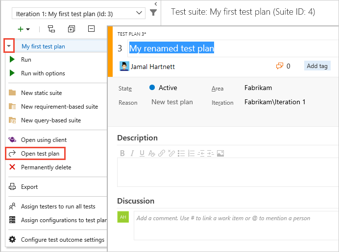 Screenshot showing renaming a test plan.
