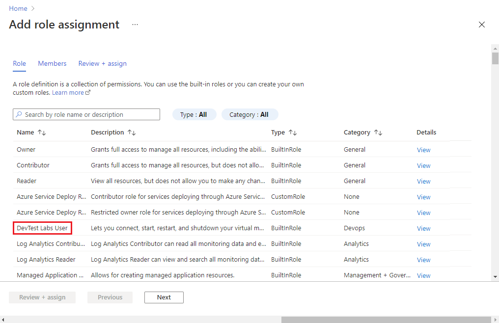 Screenshot of the Add role assignment page with the Role tab selected.