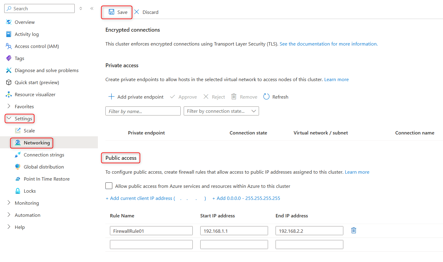 Screenshot of the firewall rule settings management on an Azure DocumentDB cluster.