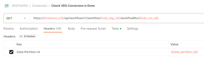 Screenshot that shows the API call to check the conversion workflow's status in Postman.