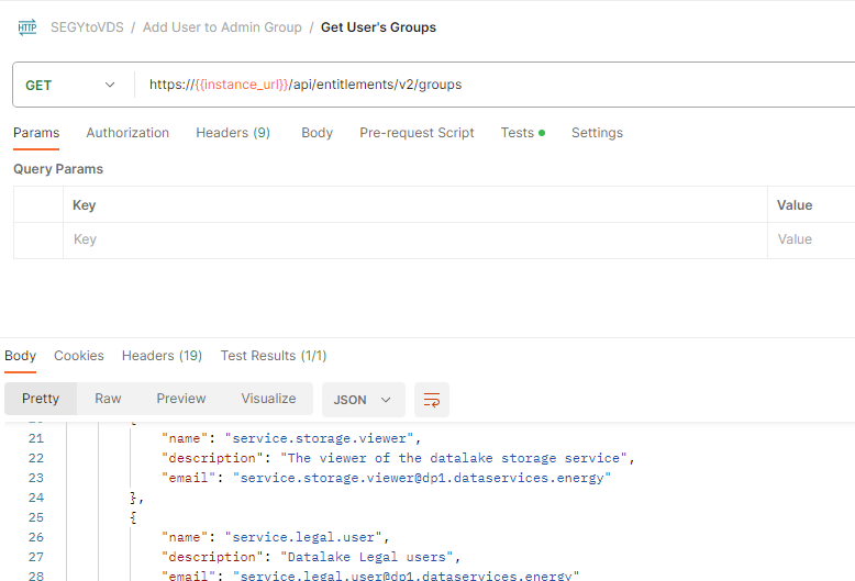 Screenshot that shows the API call to get user groups in Postman.