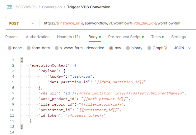 Screenshot that shows the API call to start the conversion workflow in Postman.