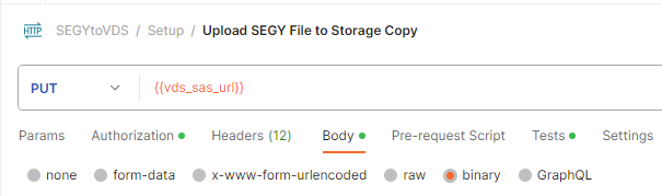 Screenshot that shows the API call to upload a file binary in Postman.