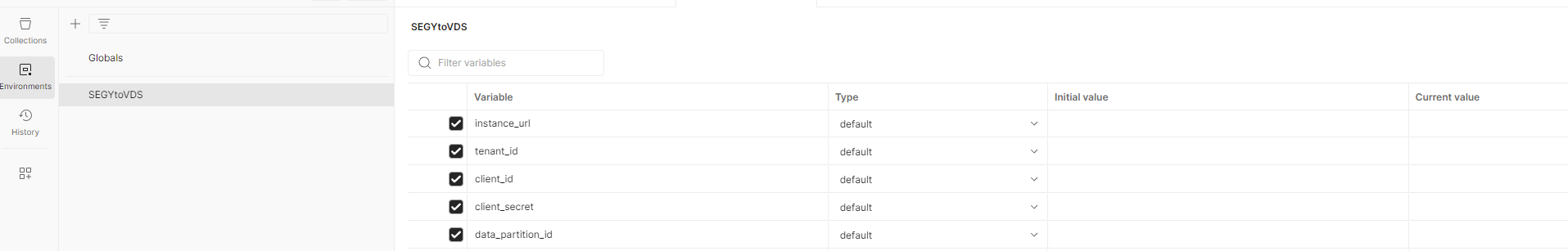 Screenshot that shows where to enter current values in SEGYtoVDS environment.
