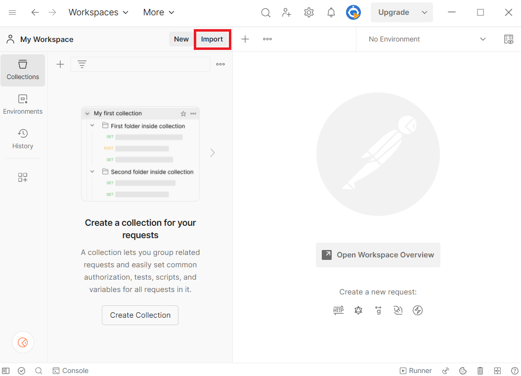 Screenshot that shows the import button in Postman.