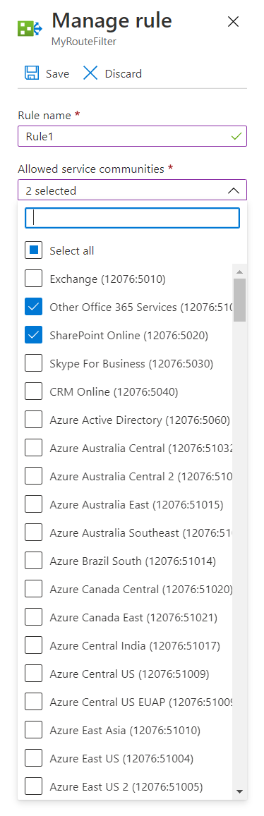 Screenshot that shows the Manage rule window with services selected in the Allowed service communities drop-down list.