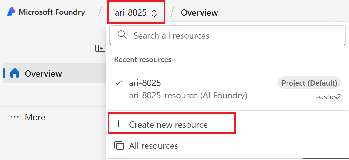 Screenshot shows creating a new project from a breadcrumb.