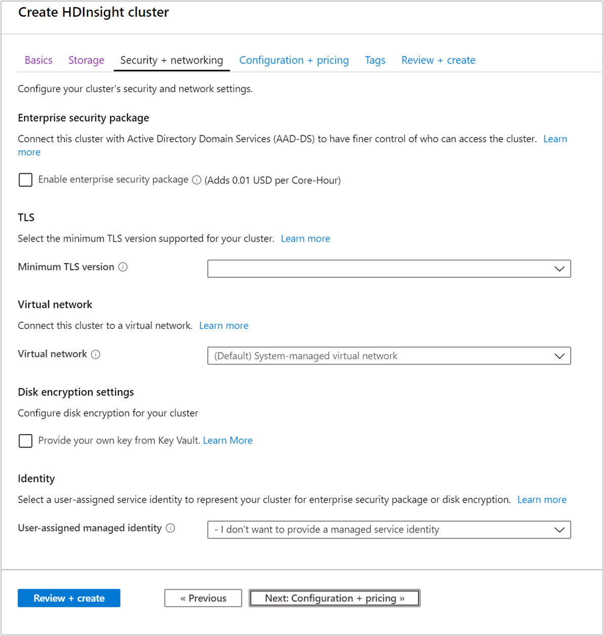 HDInsight create cluster security networking.