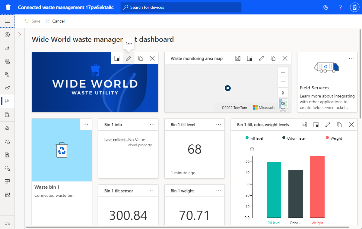 Screenshot of the connected waste management application dashboard in edit mode.