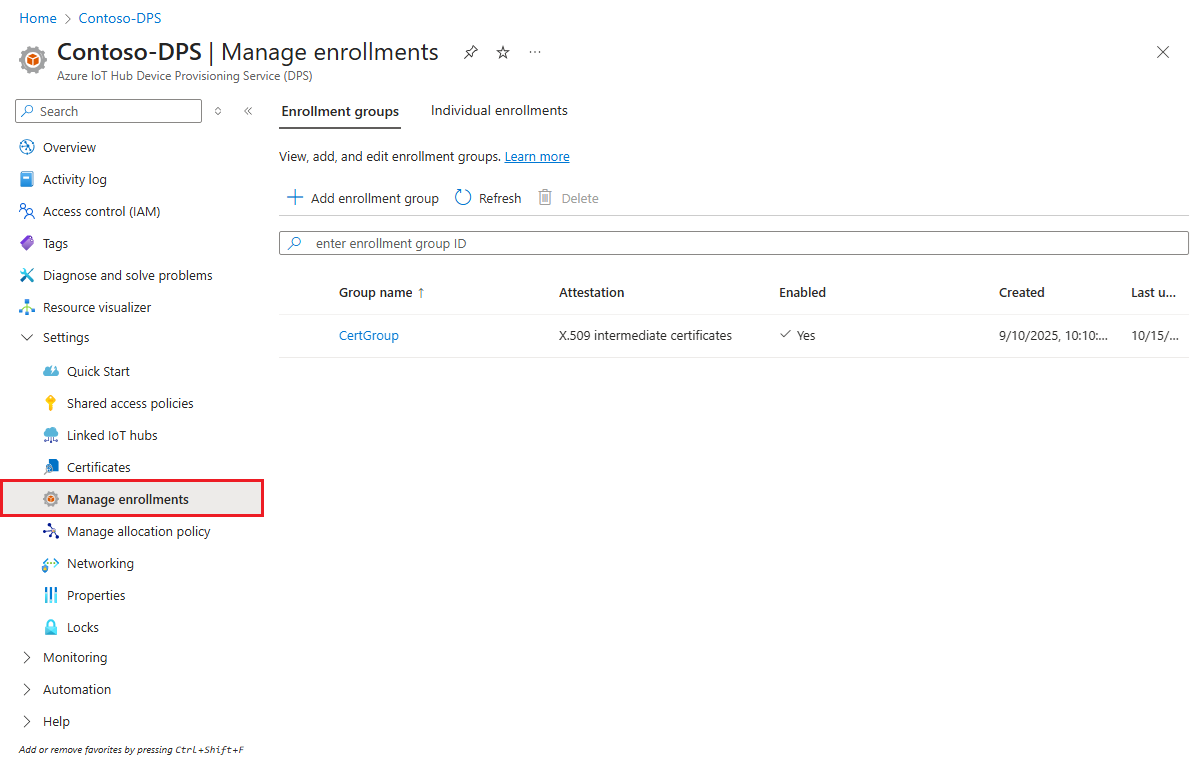 Screenshot that shows the Manage enrollments page in the Azure portal.