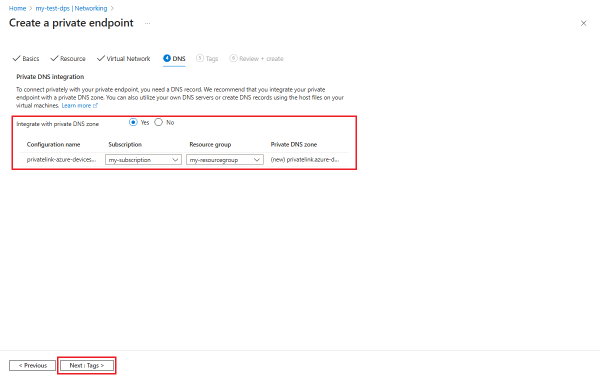 Screenshot that shows the DNS tab of the Create a private endpoint page.