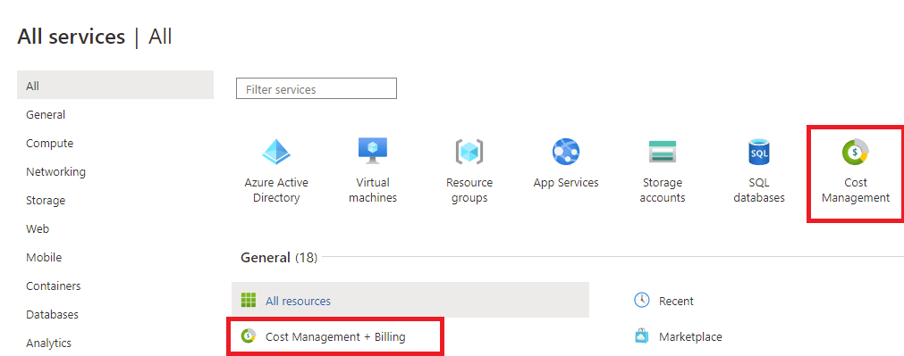 Screenshot that shows the All services page.  The Cost management icon and Cost manage plus billing icon are highlighted.